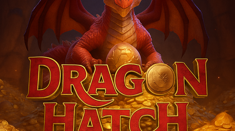Ilustrasi gaya PG Soft menampilkan naga merah menjaga telur emas di dalam gua berisi tumpukan koin, dengan teks Dragon Hatch dan Rekomendasi Game Fantasi PG Soft.